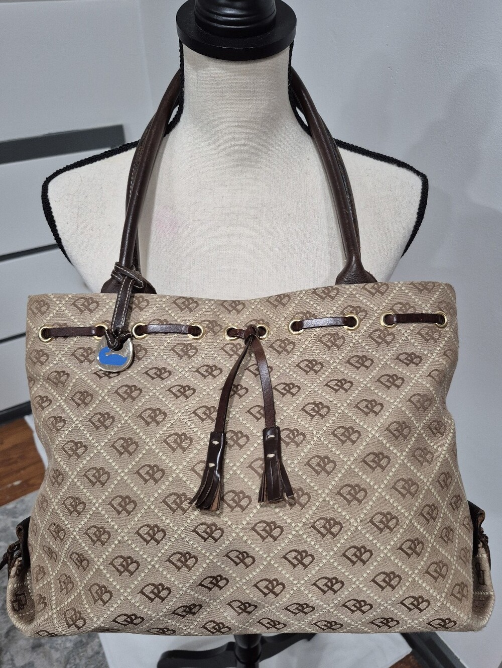 Vintage Dooney & Bourke Fabric And Leather Logo Satchel Purse